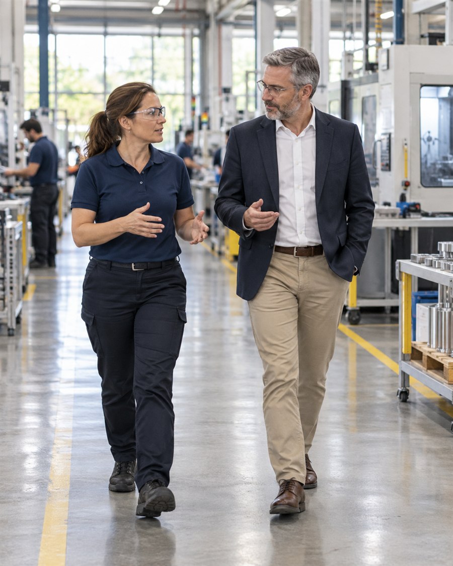 An operations leader and consultant discussing work while walking through a production facility.