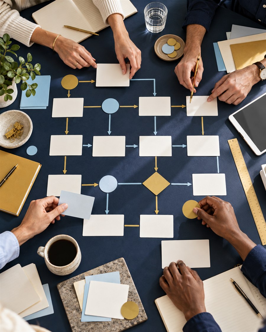 A team designing an operating process with cards and connectors on a workshop table.