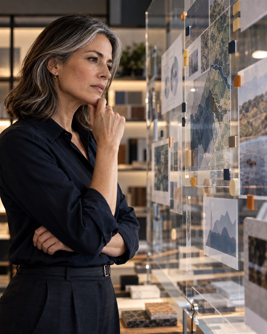 A senior analyst carefully reviewing evidence on a transparent planning board.